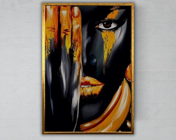 Dramatic Black Gold Woman Face Portrait With Golden Painted Accents Print