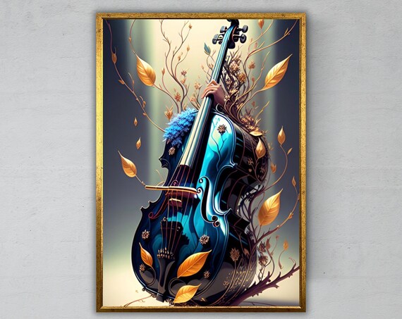 Fantasy Blue Double Bass With Golden Branches And Leaves Music Wall Art