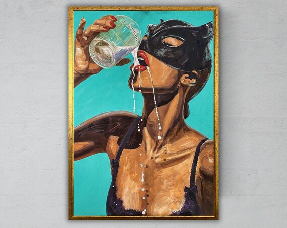 Masked Woman Drinking Milk Pop Art Painting With Cat Mask Turquoise Print