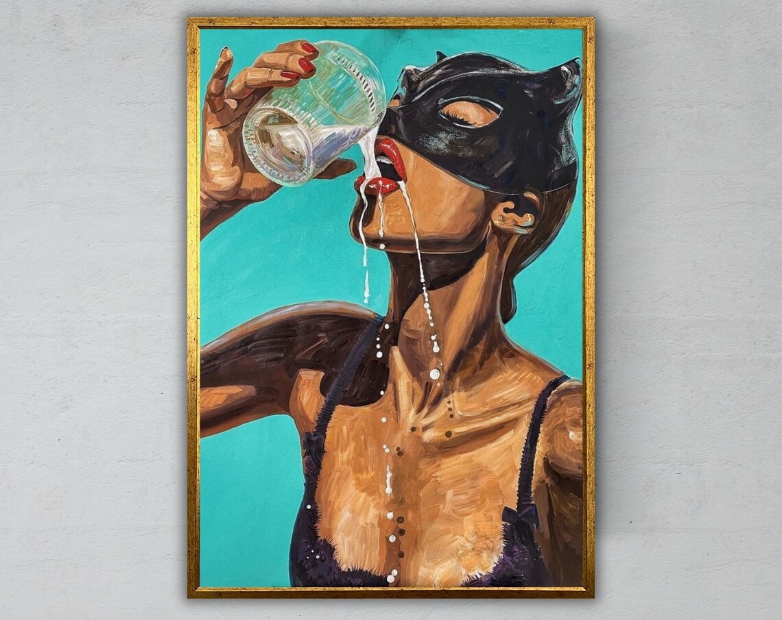 Masked Woman Drinking Milk Pop Art Painting With Cat Mask Turquoise Print