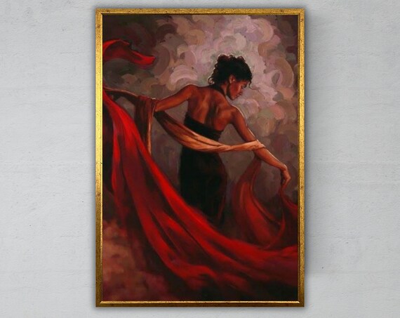 Woman Black Dress Flowing Red Fabric Dramatic Painterly Dance Art Print Poster