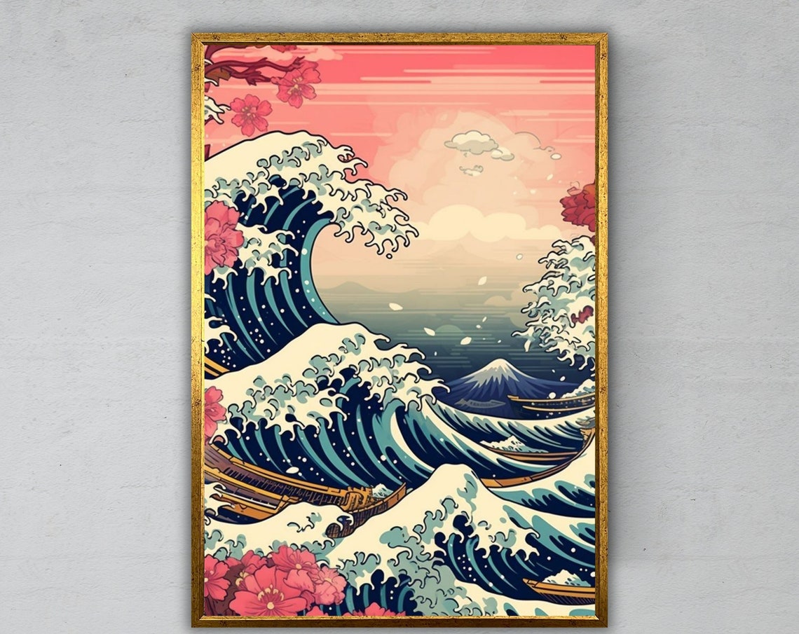 Great Wave Off Kanagawa Ukiyo E Mount Fuji Cherry Blossom Art Print
