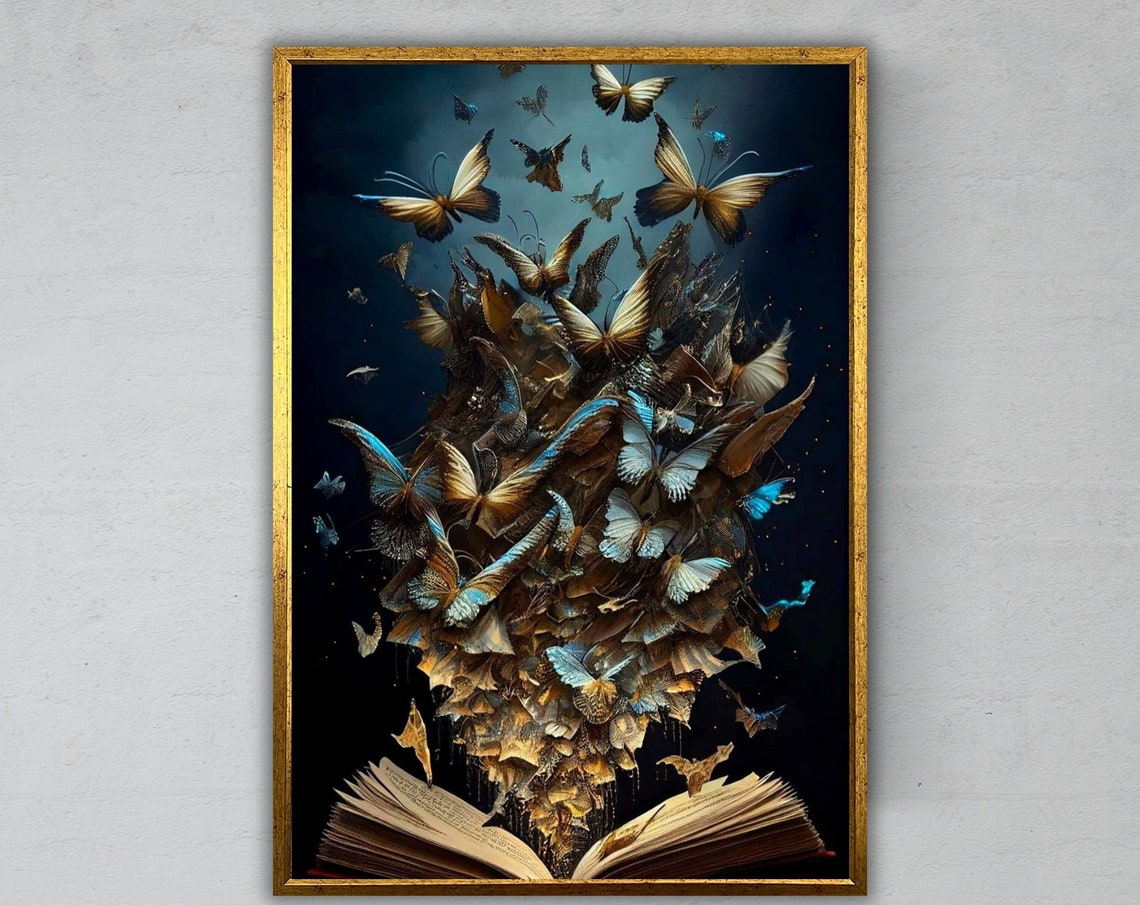 Magical Open Book Butterflies Emerging Dark Surreal Fantasy Art Poster