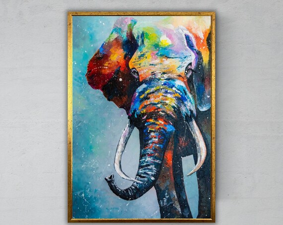 Colorful Abstract Elephant Head Vibrant Blue Multicolor Modern Animal Art Print