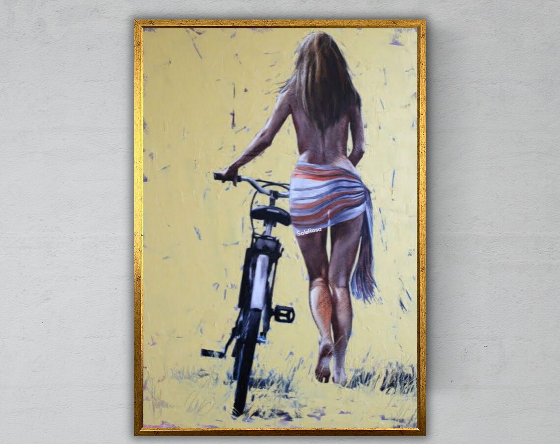 Golden Beach Day Woman Walking Bicycle In Sunlit Field Art Poster