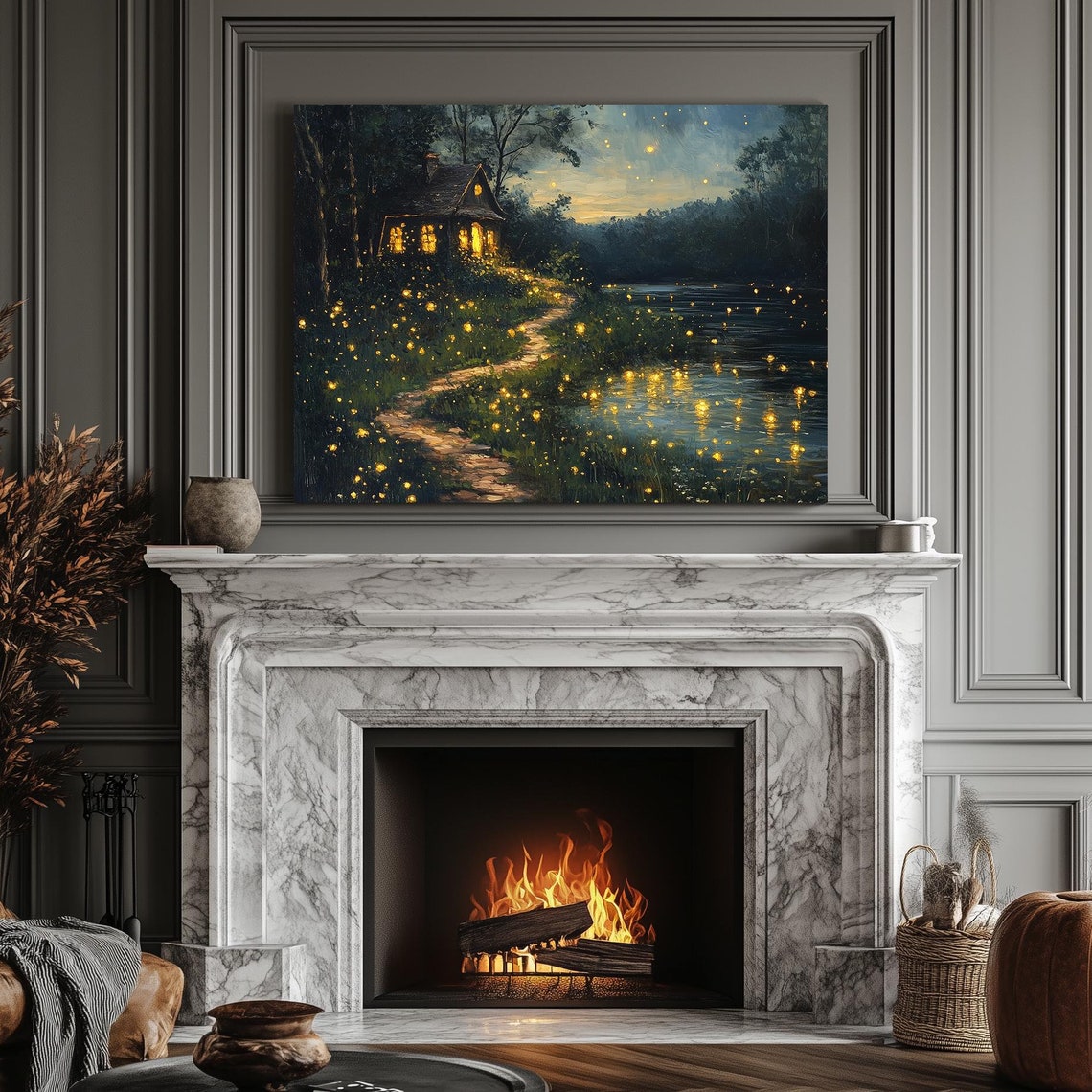 Fireflies Dancing at the Cabin Lakeside Night Landscape Art Print