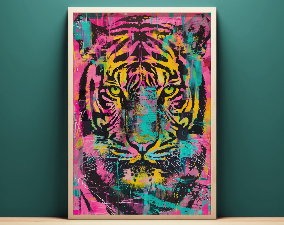 Neon Tiger Face Colorful Vibrant Pop Art Wild Cat Jungle Poster