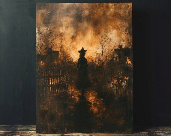 Witch Silhouette Fiery Dusk Vintage Dark Cottagecore Art Poster