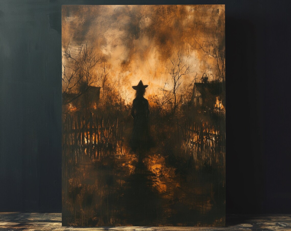 Witch Silhouette Fiery Dusk Vintage Dark Cottagecore Art Poster