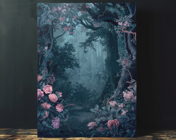 Dark Floral Forest Path Moody Teal Cottagecore Botanical Poster