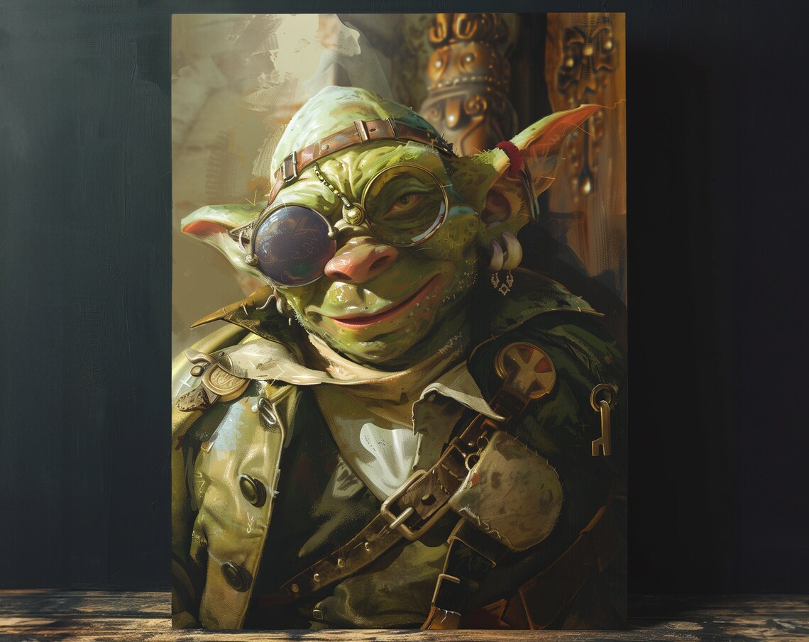 Charismatic Green Goblin Glasses Keys Whimsical Fantasy Art Poster