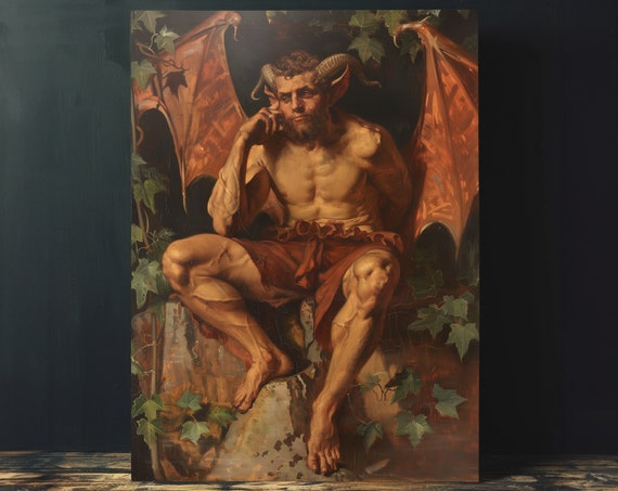 Lucifer Portrait Oil Painting Wall Art Instant Moody Victorian Wall Decor Vintage Devil Painting Satan Wall Art