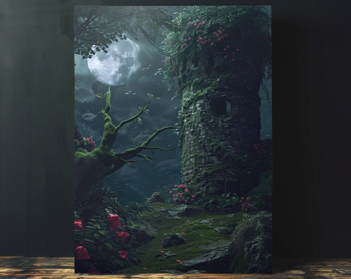 Moonlit Mossy Stone Tower Ruin With Roses Dark Fantasy Poster