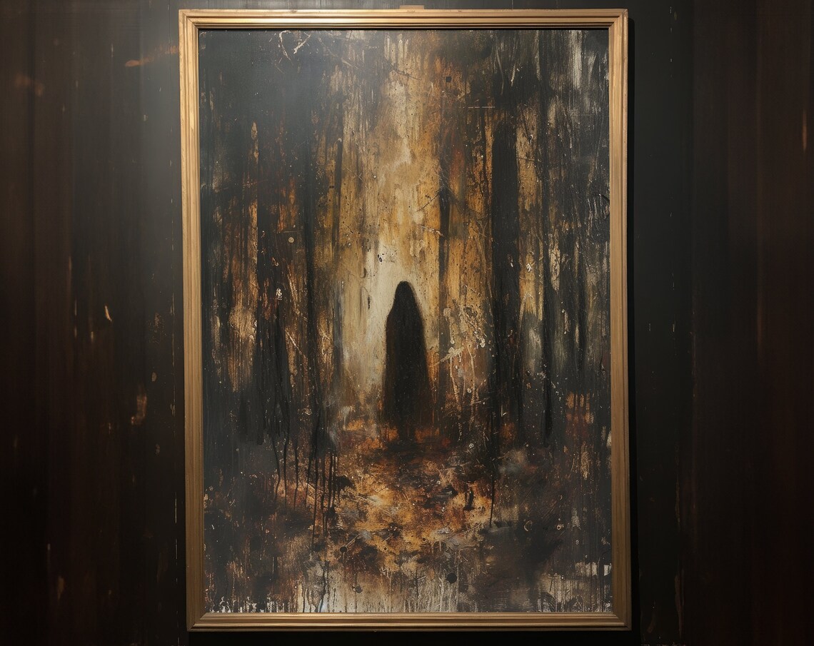 Hooded Witch Forest Silhouette Gold Black Grungy Vintage Painting Art Poster