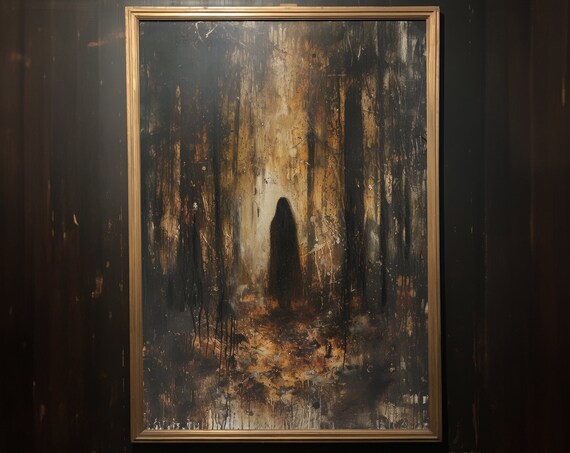 Hooded Witch Forest Silhouette Gold Black Grungy Vintage Painting Art Poster