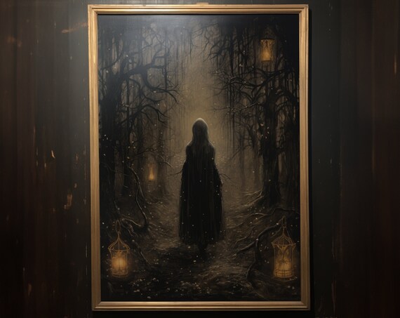 Cloaked Witch Lantern Lit Woods Dark Forest Moody Vintage Painting Art Poster