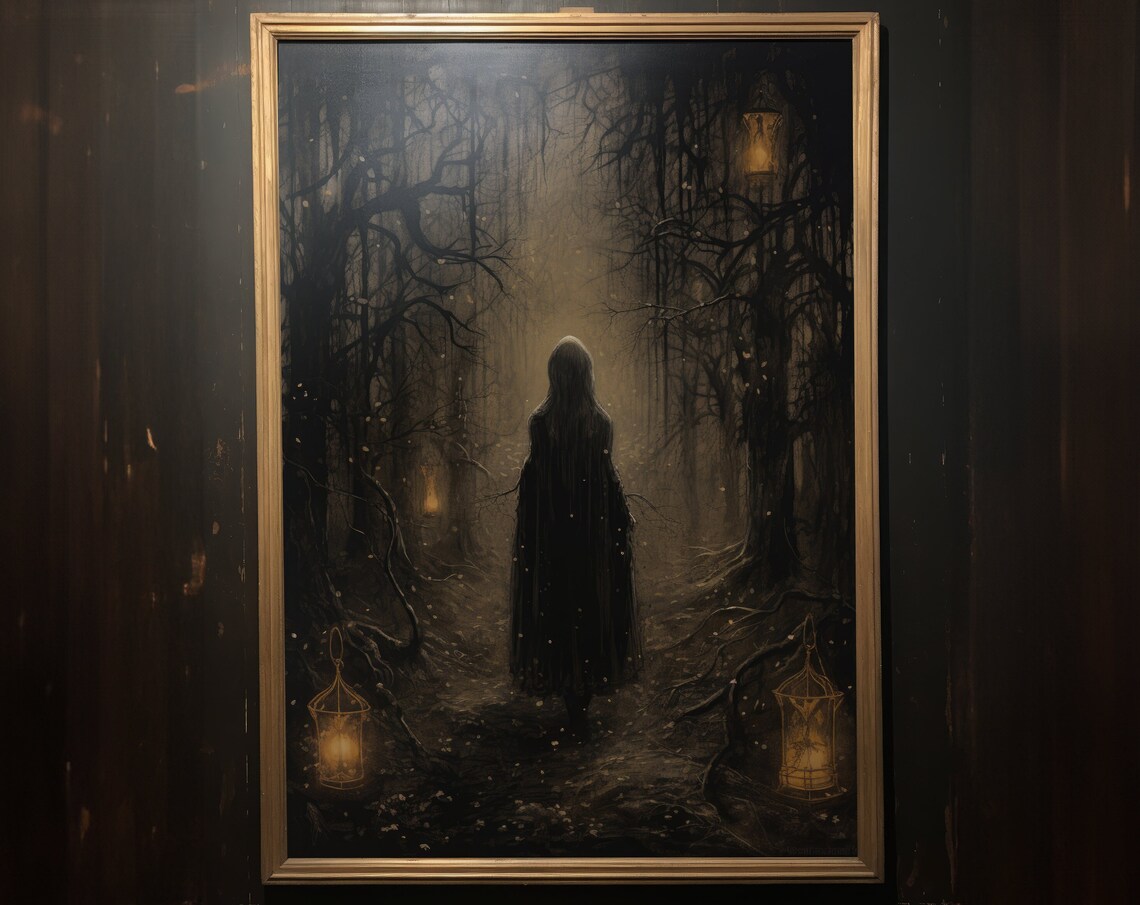 Cloaked Witch Lantern Lit Woods Dark Forest Moody Vintage Painting Art Poster