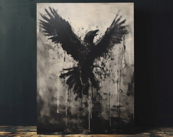 Black Crow Wings Spread Ink Splatter Moody Grungy Monochrome Art Poster