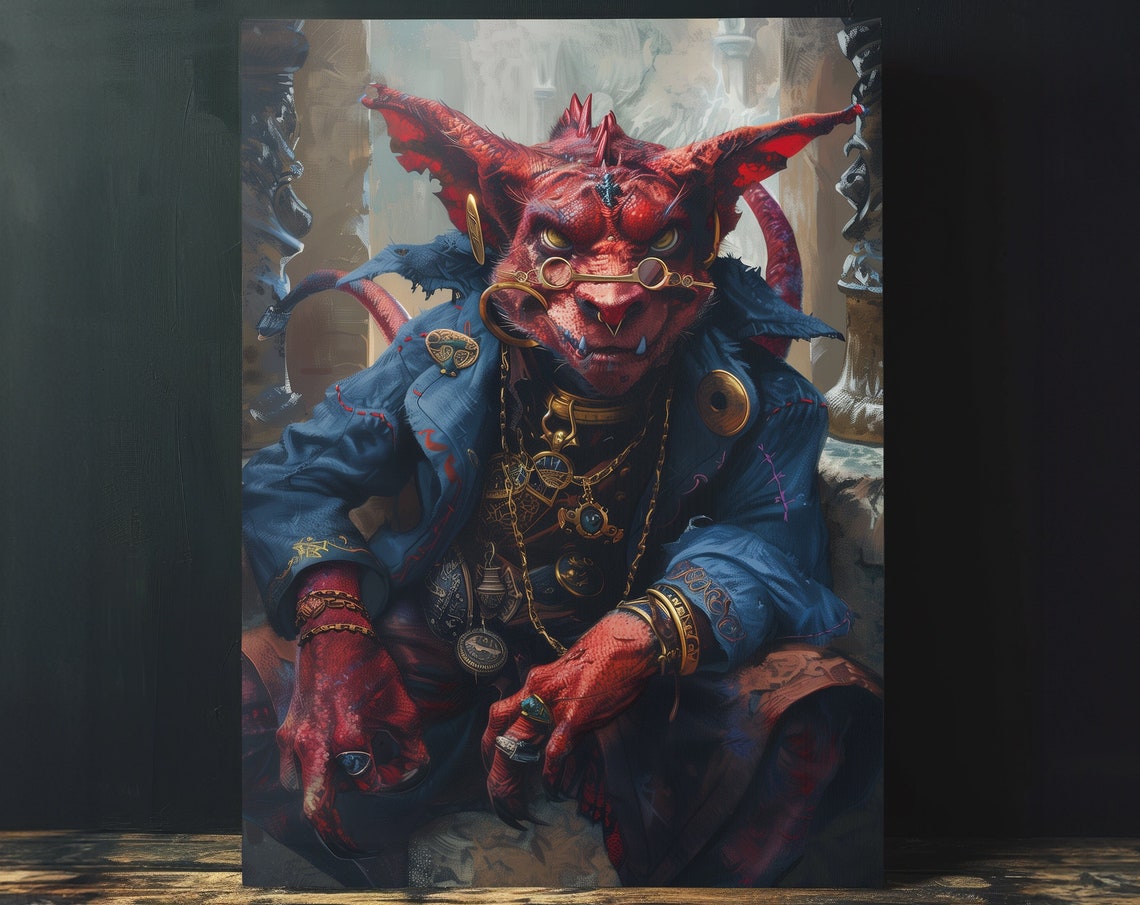 Red Goblin Portrait Blue Coat Gold Spectacles Fantasy Art Poster