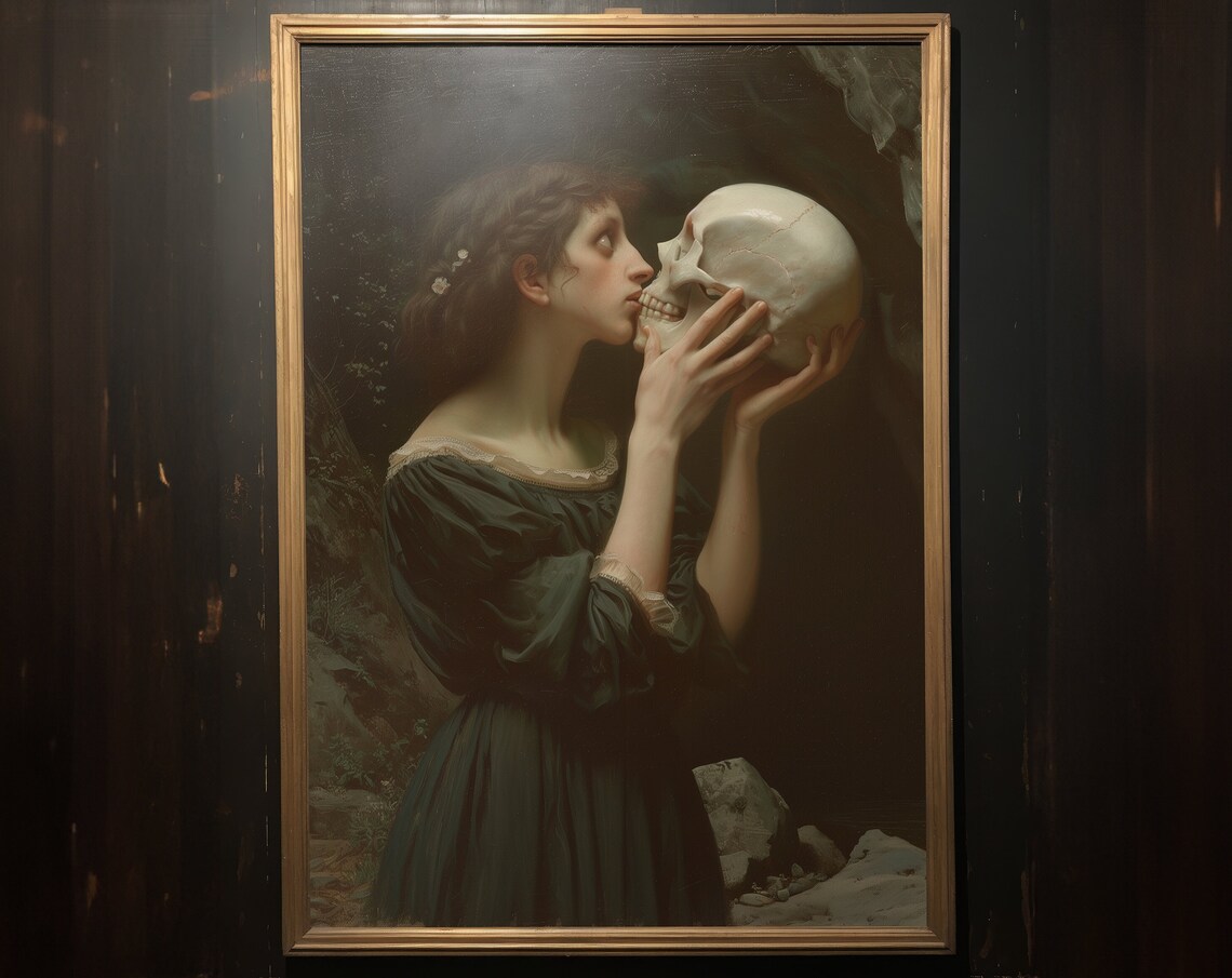 Woman Kissing Skull Moonlit Forest Vintage Style Dark Romantic Art Poster