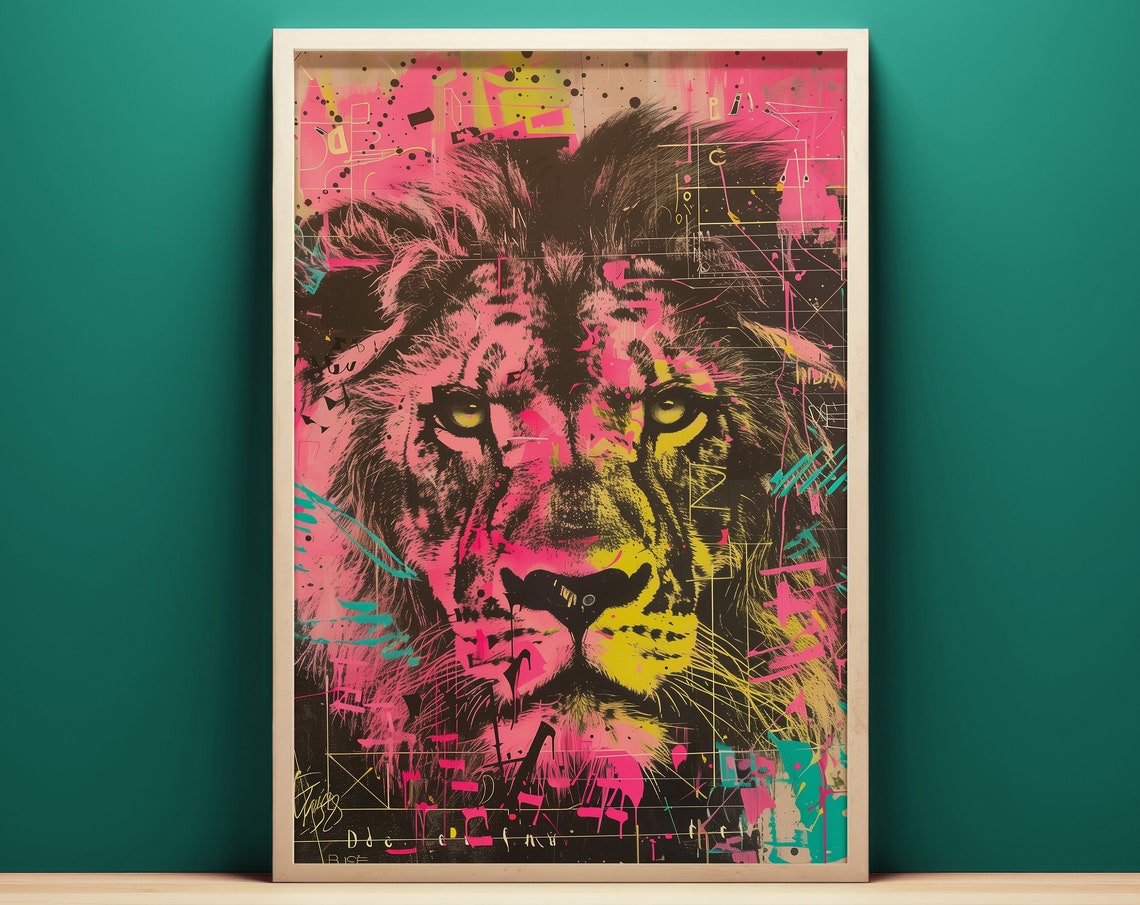Vibrant Lion Portrait Neon Pink Pop Art Bold Jungle King Poster
