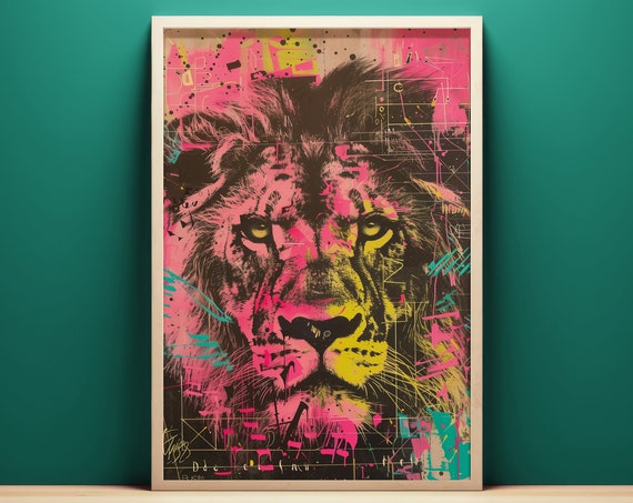 Vibrant Abstract Lion Painting Wall Art Instant Pop Art Lion King Of The Jungle Poster Mixed Media Artwork