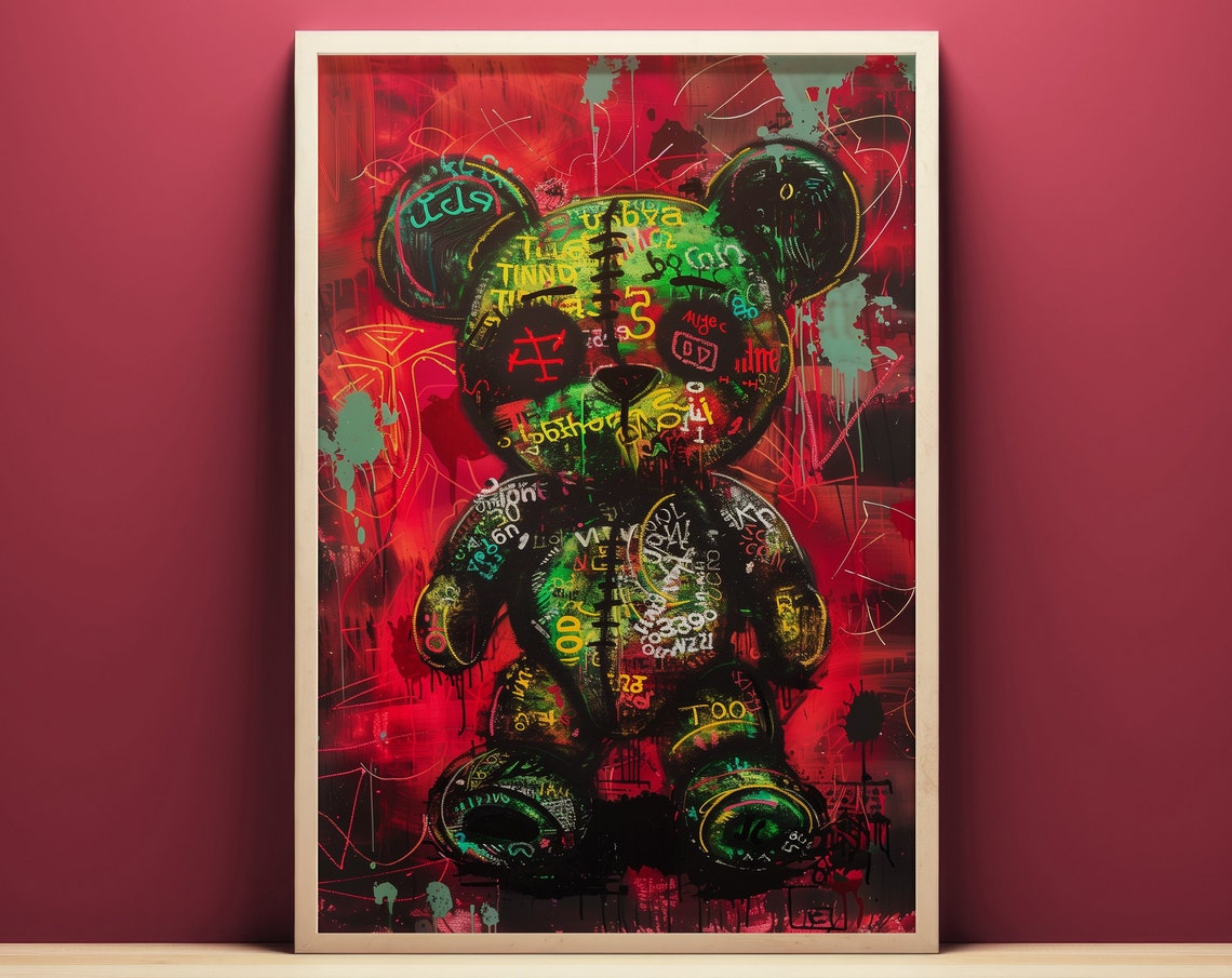 Cyberpunk Teddy Bear Pop Art Illustration Wall Art Instant Abstract Modern Avantgarde Painting Maximalist Aesthetic