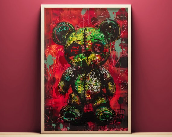 Cyberpunk Teddy Bear Pop Art Illustration Wall Art Instant Abstract Modern Avantgarde Painting Maximalist Aesthetic