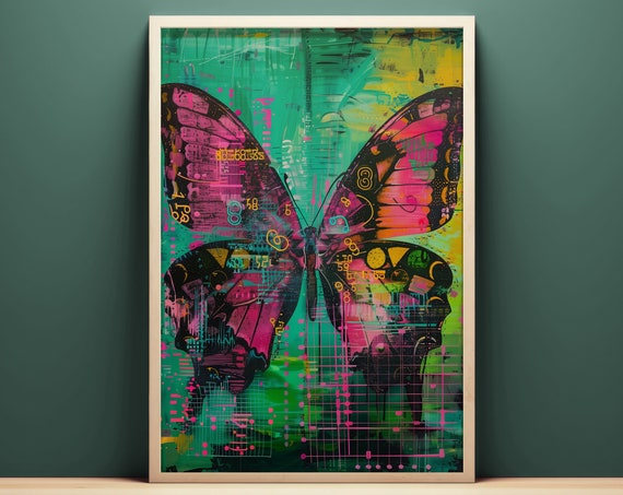Butterfly Mixed Media Illustration Wall Art Instant Abstract Street Art Style Wall Decor Neon Aesthetic Room Decor