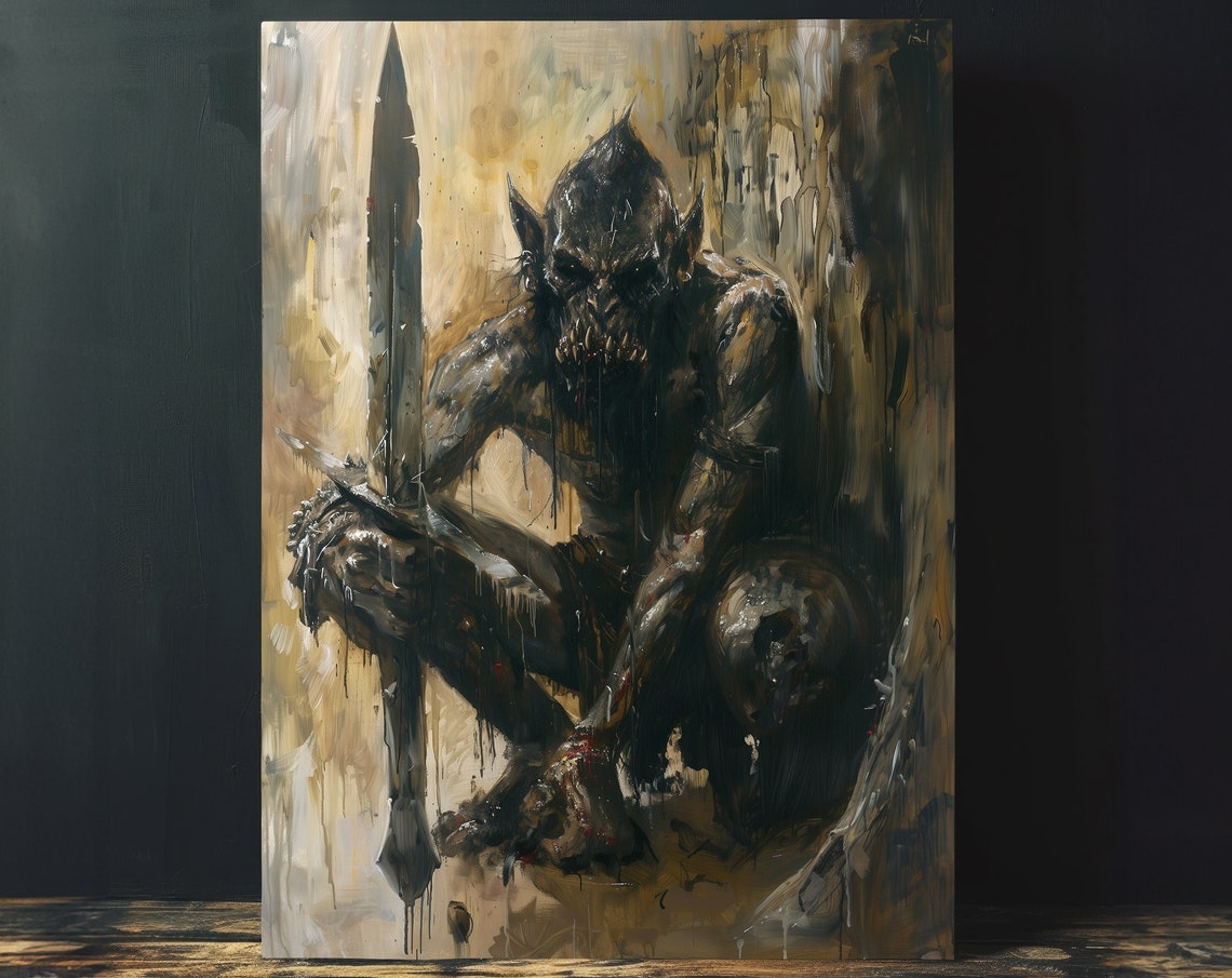 Dark Goblin Warrior Sword Moody Oil Painting Style Art Poster
