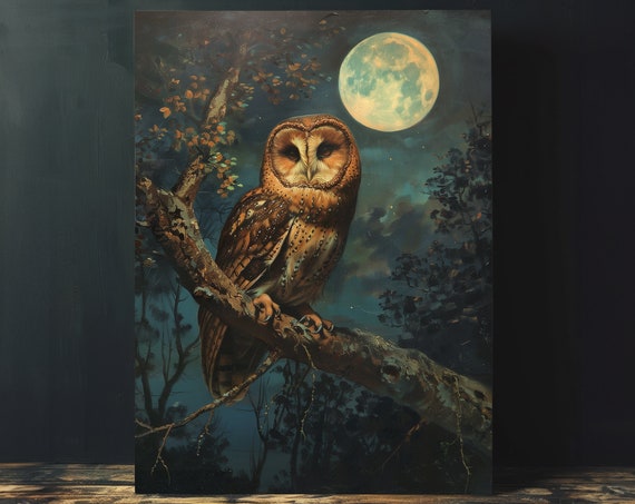 Dark Cottagecore Owl Painting Wall Art Instant Moody Above Bed Wall Decor Witchy Full Moon Landscape Scene