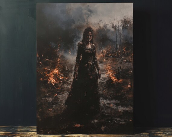 Vintage Fire Witch Oil Painting Instant Witchcore Wall Art Vintage Witch Room Decor Dark Aesthetic Print