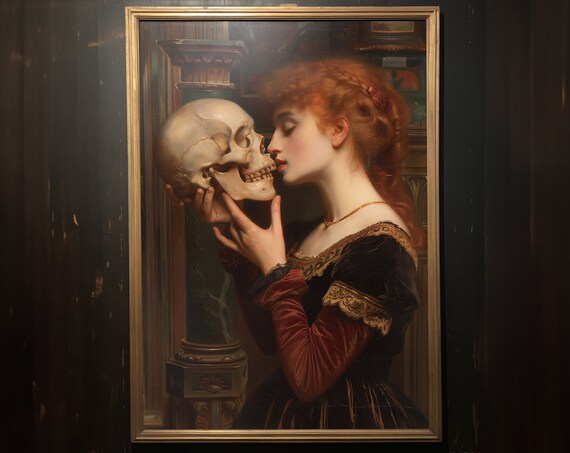 Woman Kissing Skull Victorian Painting Dark Romantic Memento Mori Art Poster
