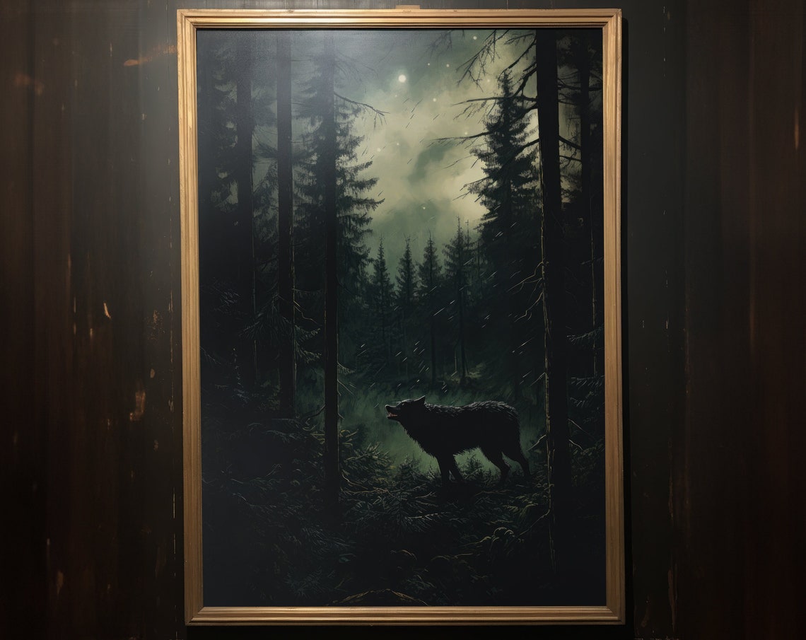 Howling Wolf Misty Pine Forest Night Moody Dark Cottagecore Art Poster - Image 4