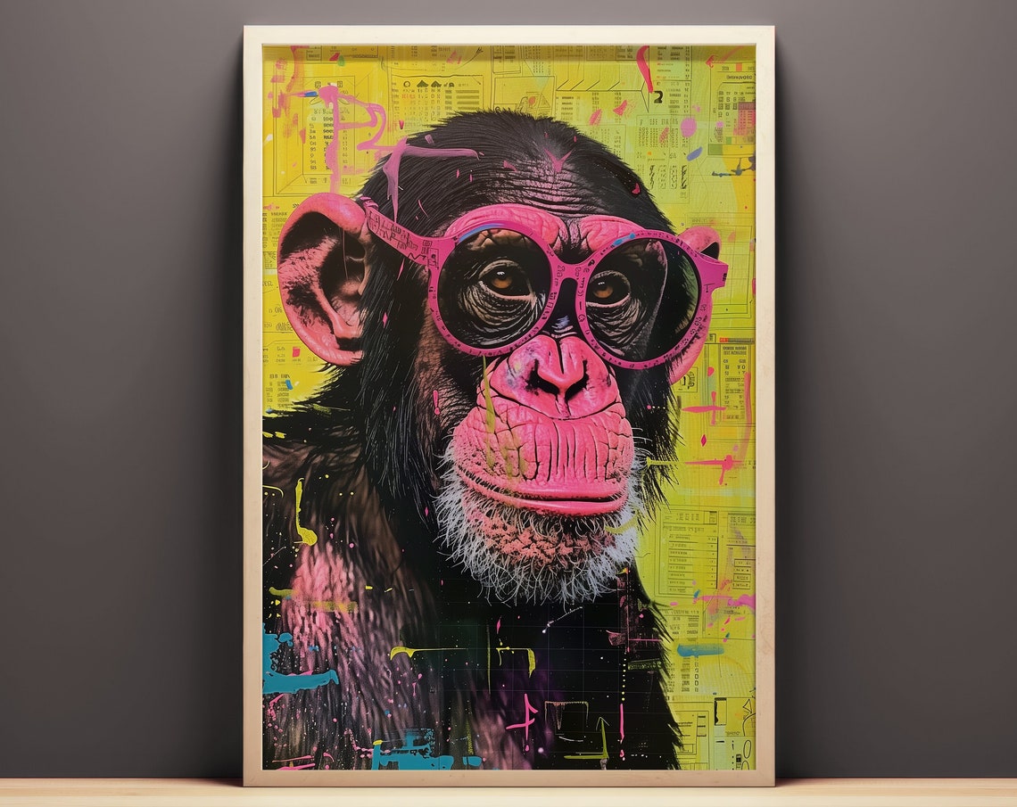 Vibrant Monkey Pop Art Portrait Wall Art Instant Abstract Mixed Media Artwork Bold Pop Art Painting