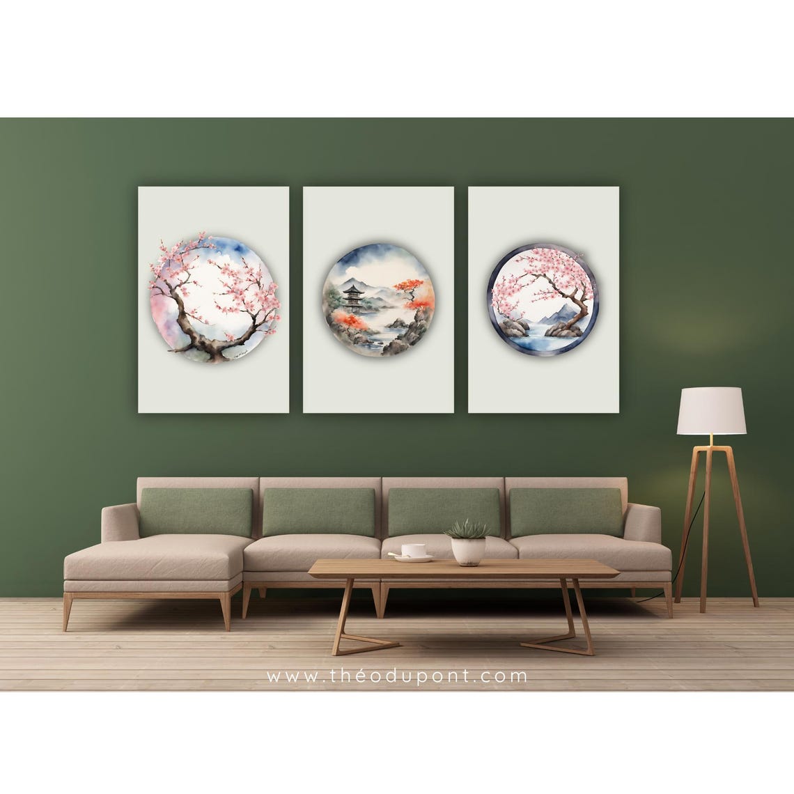 Cherry Blossom Mountain Lake Moon Window Zen Watercolor Art Poster - Image 2
