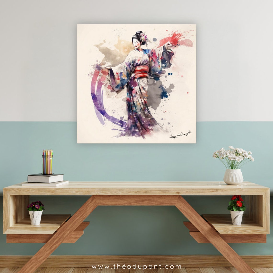 Japanese Geisha Dancing White Kimono Color Splash Watercolor Poster - Image 2