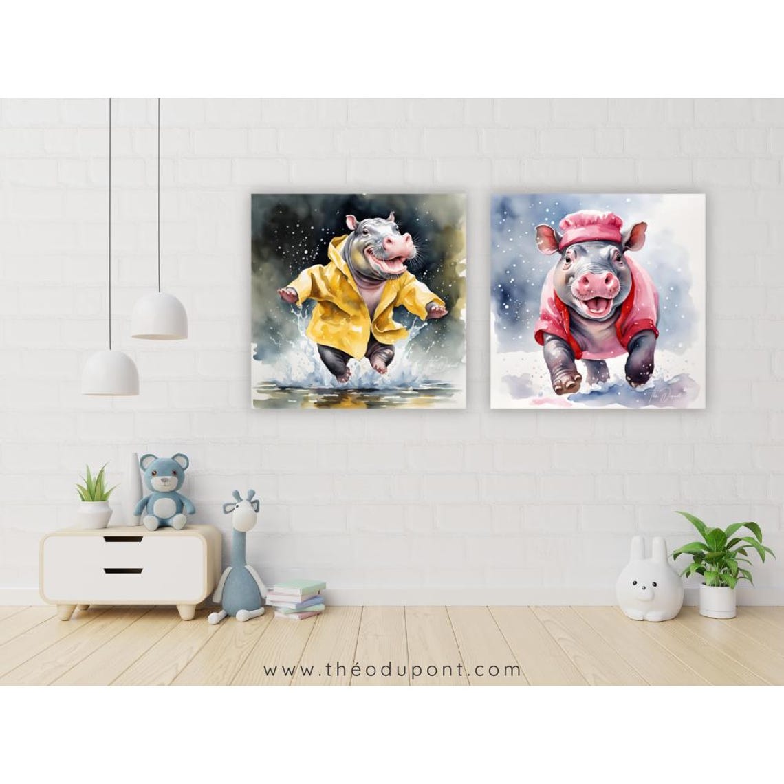 Baby Pygmy Hippo Yellow Raincoat Jumping Puddle Watercolor Poster - Image 2