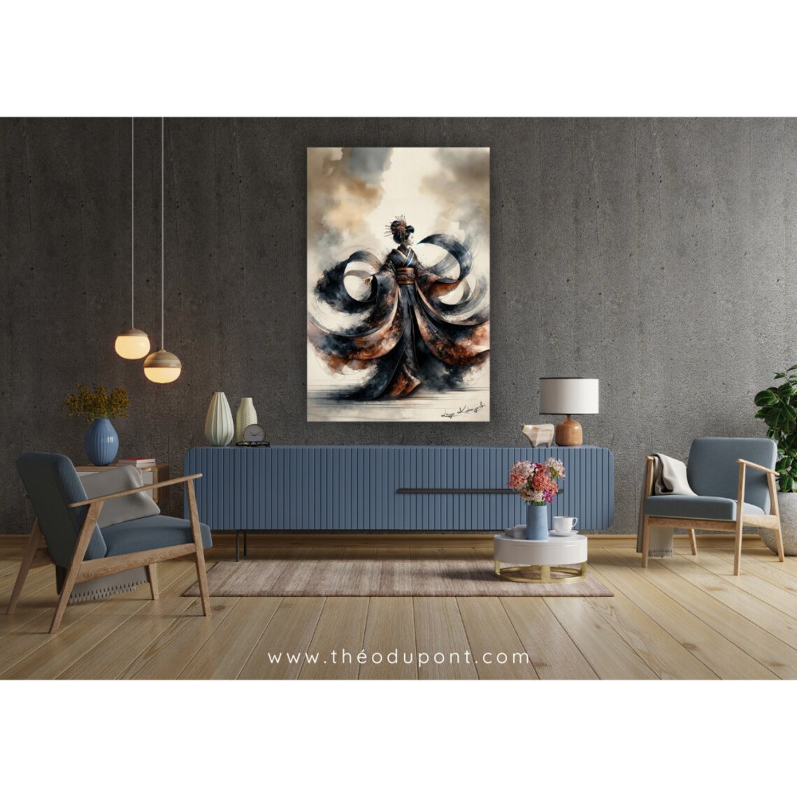 Japanese Geisha Black Ink Swirl Kimono Copper Obi Dramatic Art Poster - Image 2