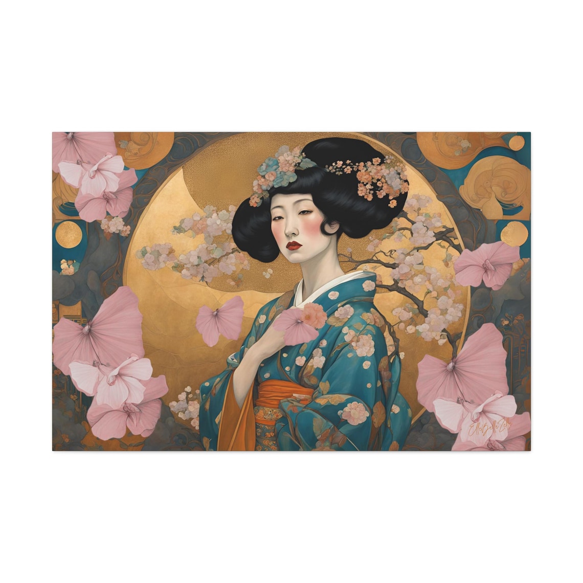 Art Nouveau Geisha Teal Kimono Gold Halo Cherry Blossom Wall Art - Image 2