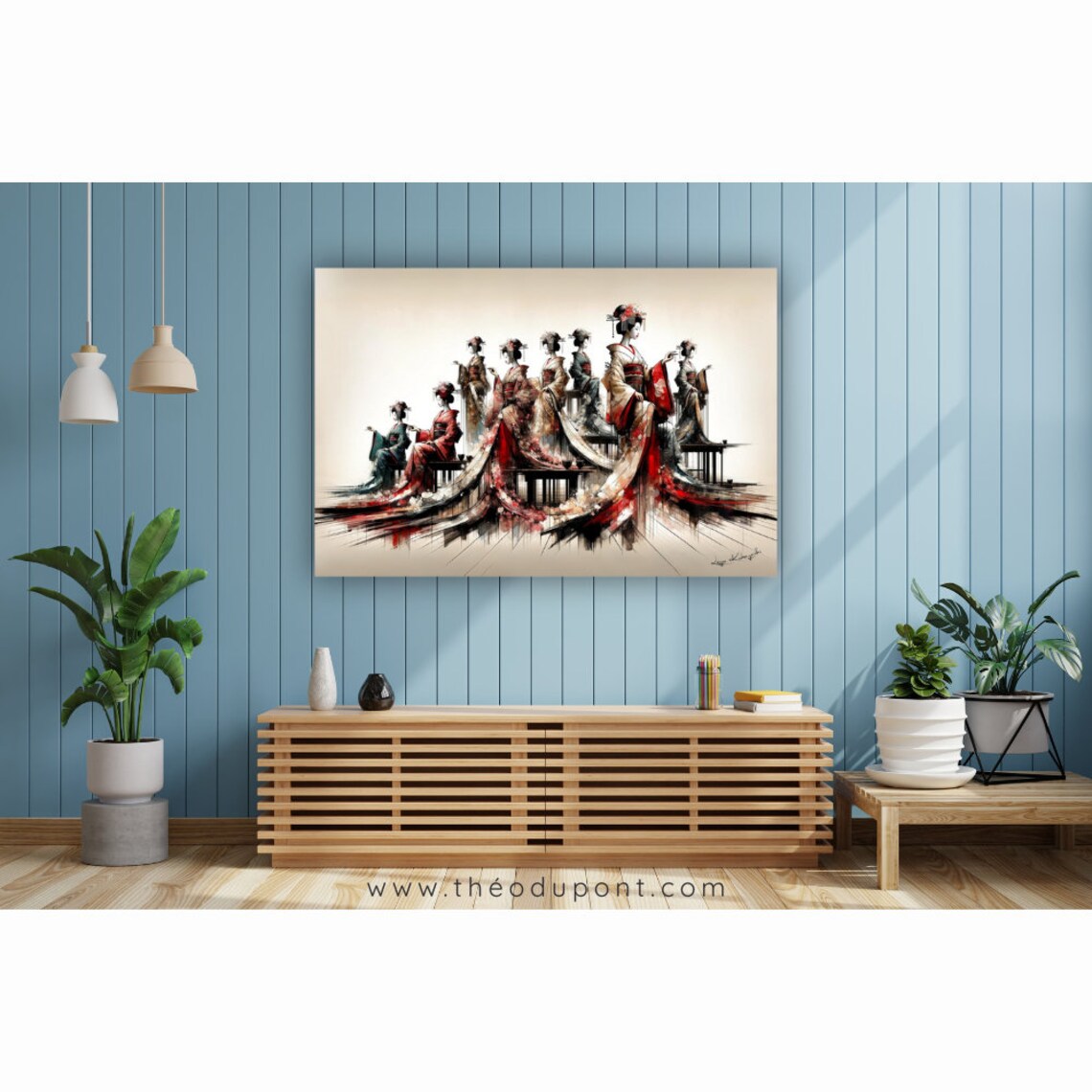 Eight Geisha Tea Ceremony Ink Wash Watercolor Group Painting Poster - Image 2