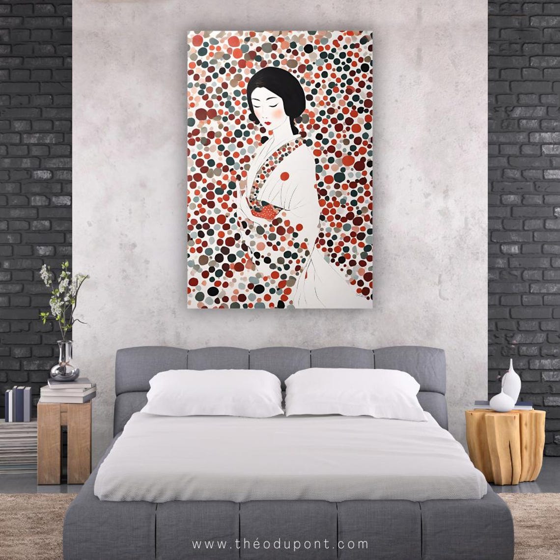 Japanese Geisha White Kimono Red Dots Pointillism Elegant Art Poster - Image 2