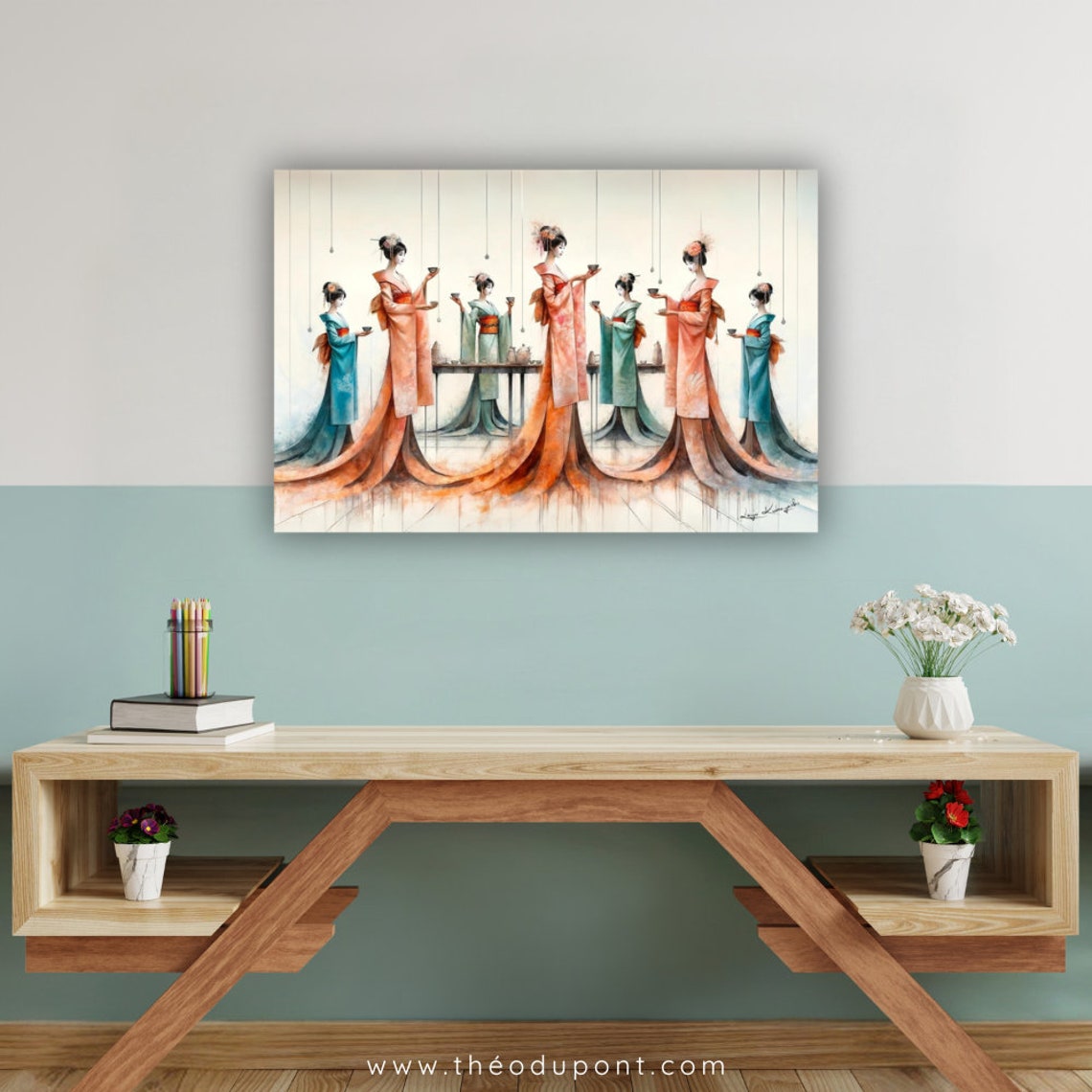 Eight Geisha Coral Teal Kimono Circle Tea Cups Watercolor Poster - Image 2