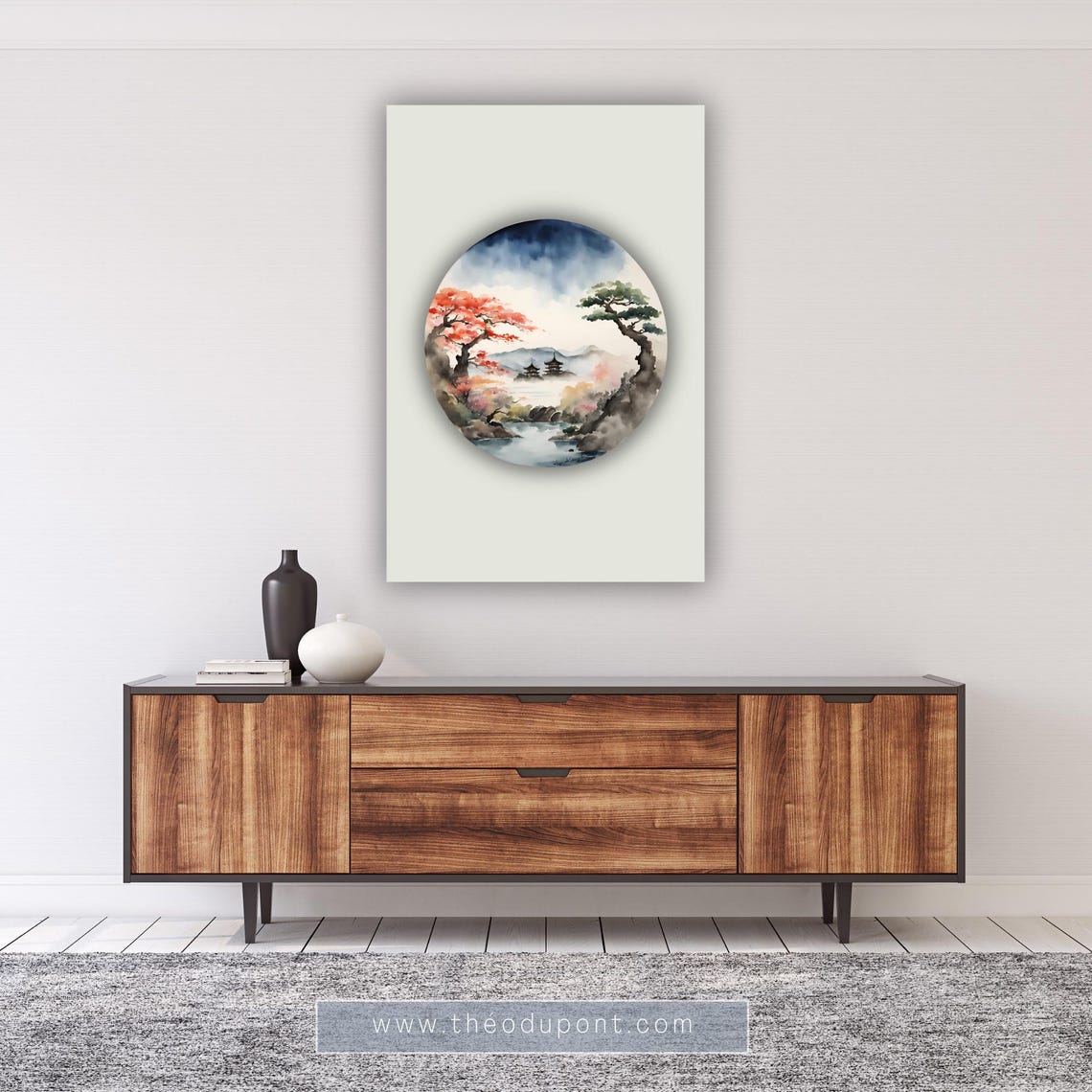Mount Fuji Red Maple River Circle Watercolor Zen Minimalist Art Print - Image 2