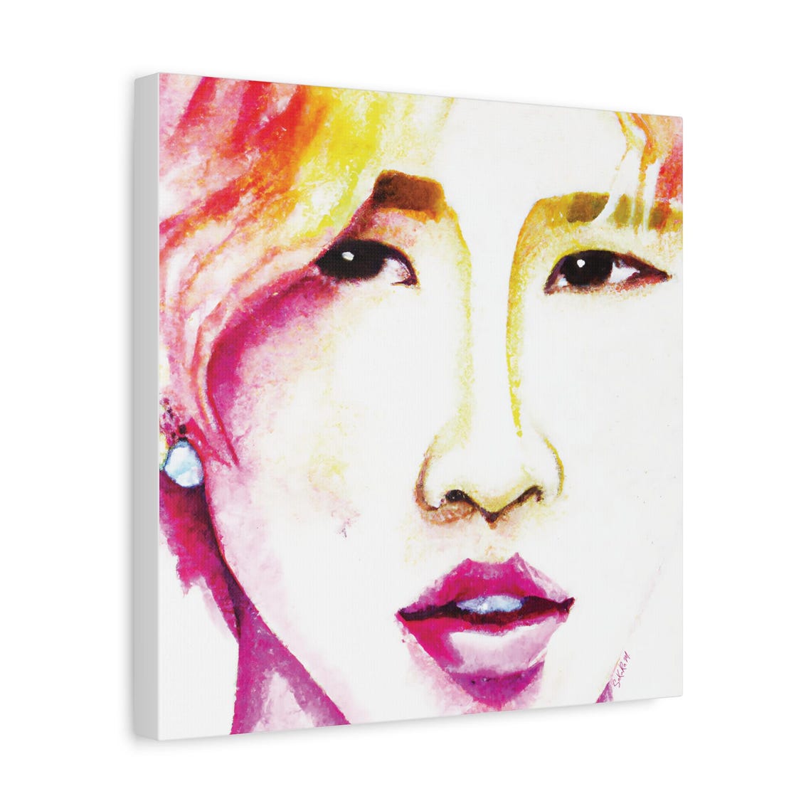 Pop Art Watercolor Pink Face Pearl Earring Close Up Portrait Poster - Image 2