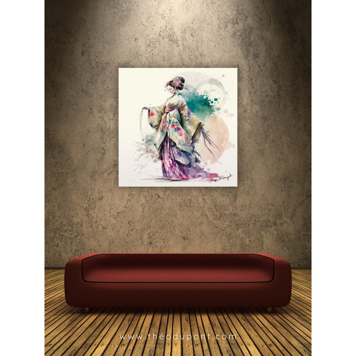 Japanese Geisha Open Sleeves White Floral Kimono Theatrical Art Poster - Image 2