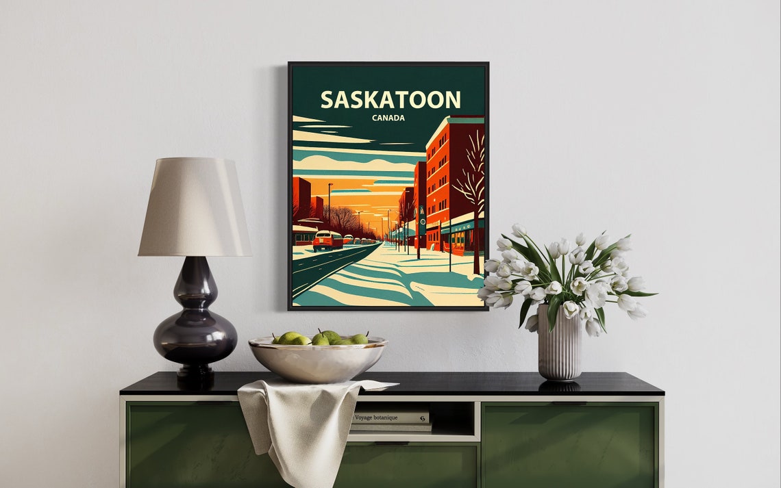Saskatoon Canada Winter Snowy Downtown Street Scene Retro Poster - Image 3