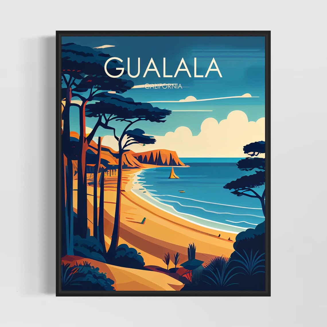 Gualala California Golden Coast Beach Cliffs Vintage Art Poster