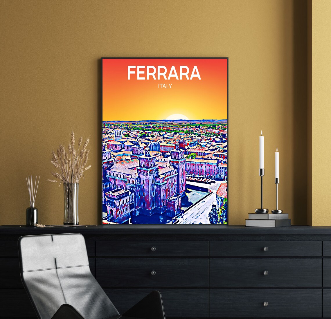 Ferrara Italy Night Skyline Moonlit Castle Sketch Art Poster - Image 2