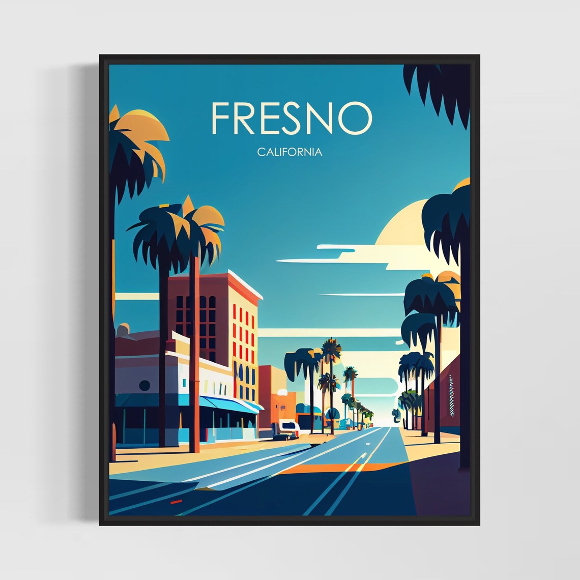 Fresno California Retro Palm Lined Downtown Vintage Travel Poster